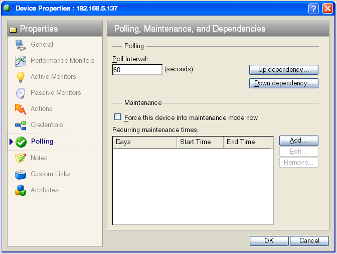 Device Properties Polling dialog