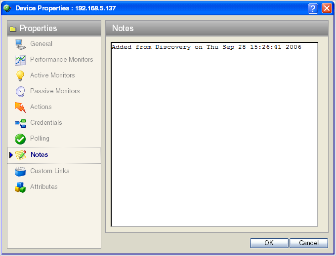 Device Properties Notes dialog