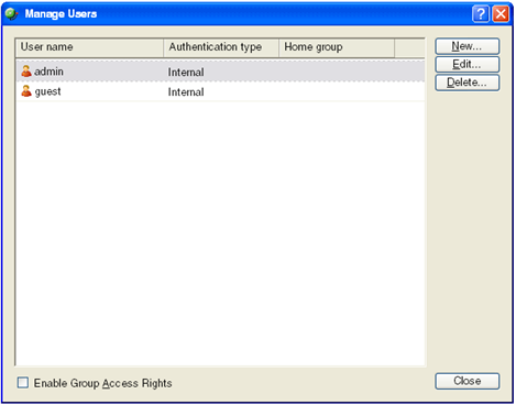 The Manage Users dialog