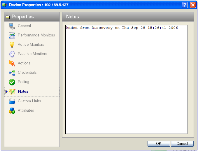 Device Properties Notes dialog