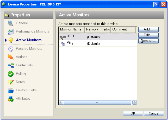 Device Properties Active Monitors dialog
