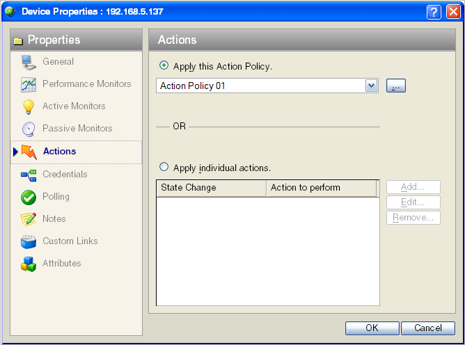 Device Properties Actions dialog