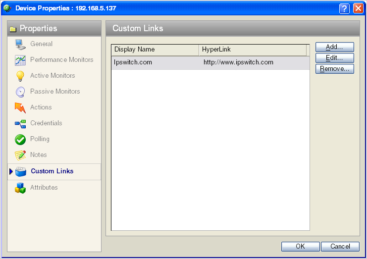 Device Properties Custom Links dialog