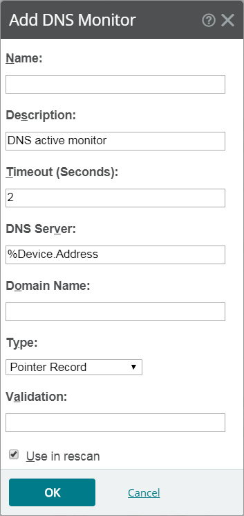 WUG18.0.2-SP2-Updated DNS Active Monitor Configuration dialog