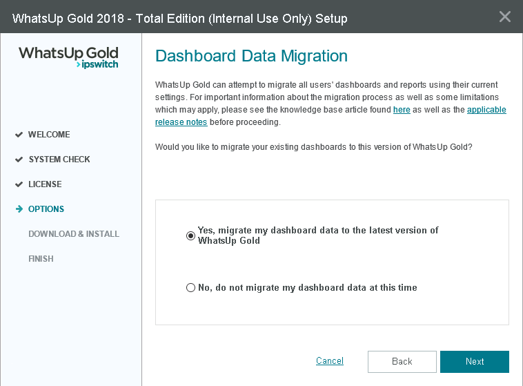 WUG18.0.2-SP2-Dashboard Migration dialog