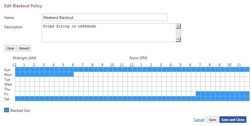 Click and drag to configure the policy blackout days/times