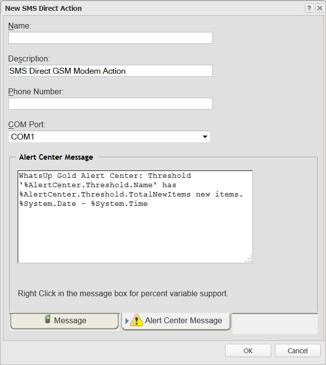 New SMS Direct Alert Center Notification dialog