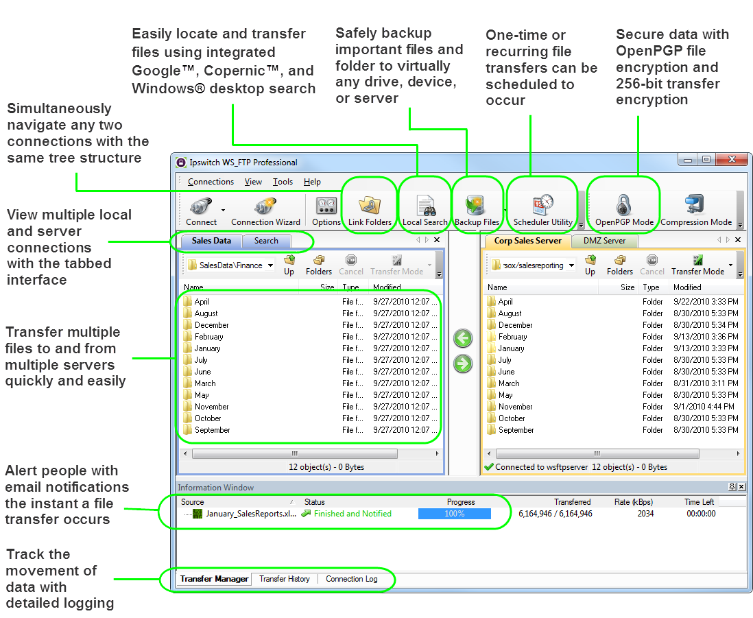 FTP Pro main screen with callouts