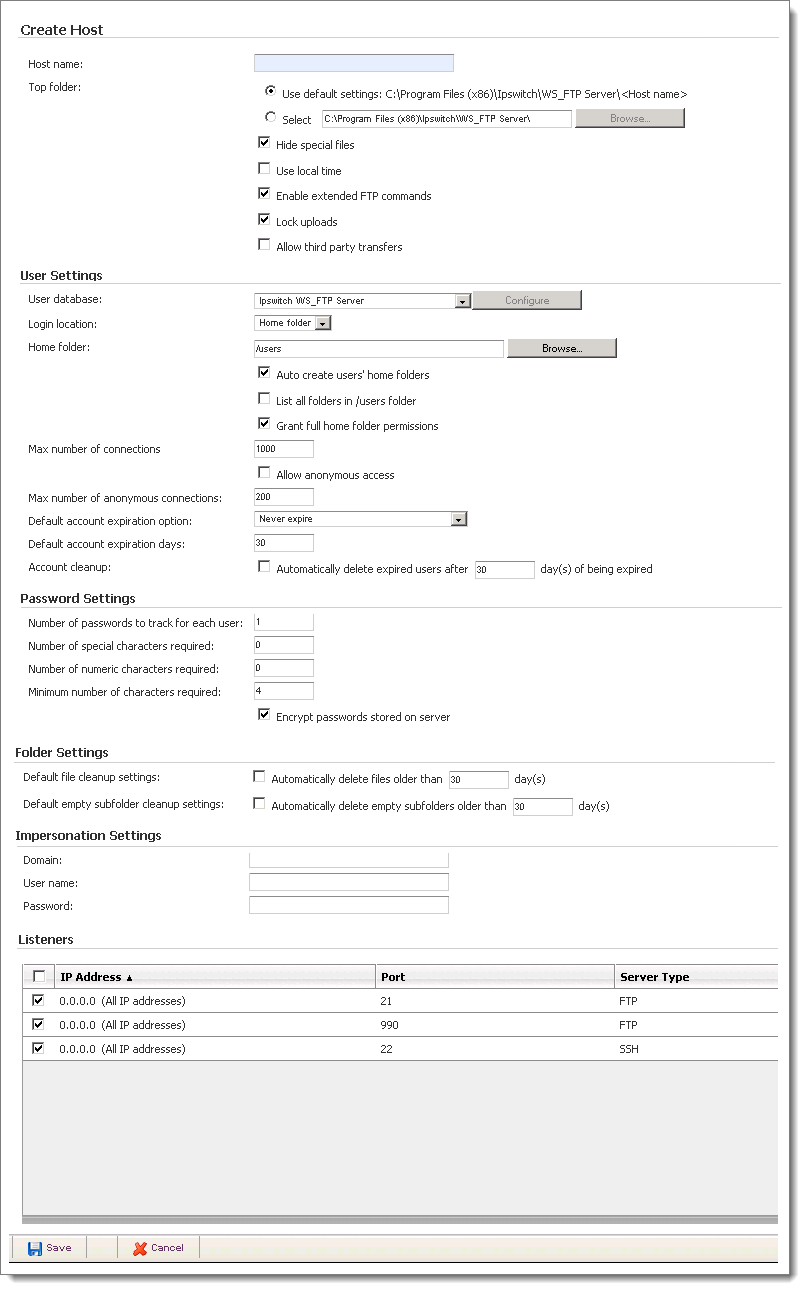 Create Host page
