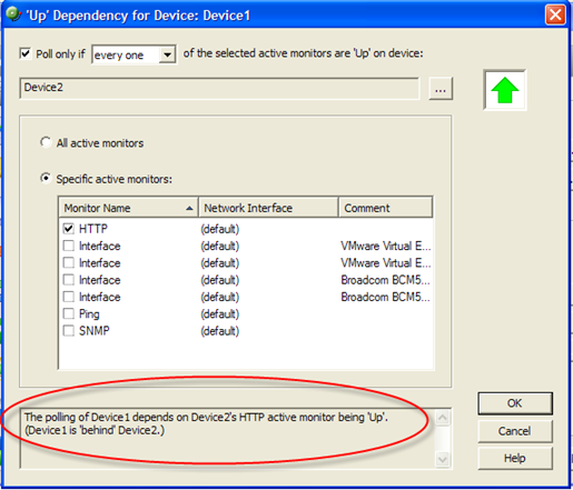 The dependency is described at the bottom of the dialog.