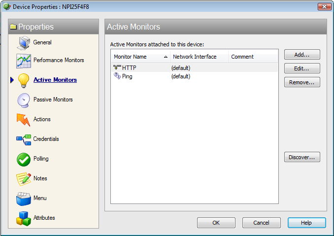 Device Properties Active Monitors dialog