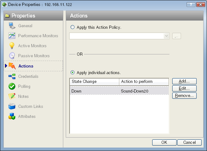 Device Properties Actions dialog